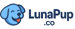Logo of LunaPup.co featuring a blue dog face on a white background
